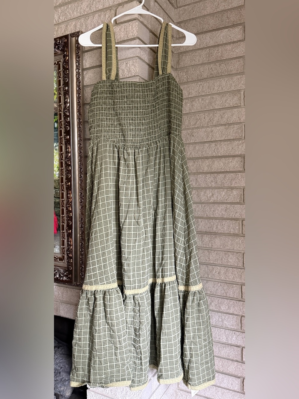 Cider Olive Green Plaid Maxi Dress with Cream Trim